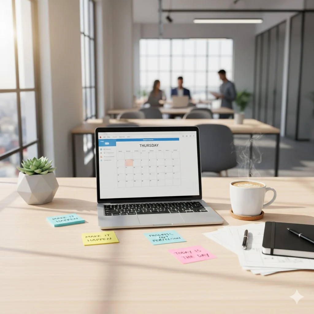 Motivational Thursday office scene with laptop, coffee, and notes inspiring productivity and positivity at work.