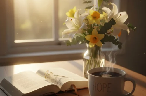 Peaceful Monday morning with sunrise, coffee, and Bible symbolizing blessings, faith, and inspiration for the week.