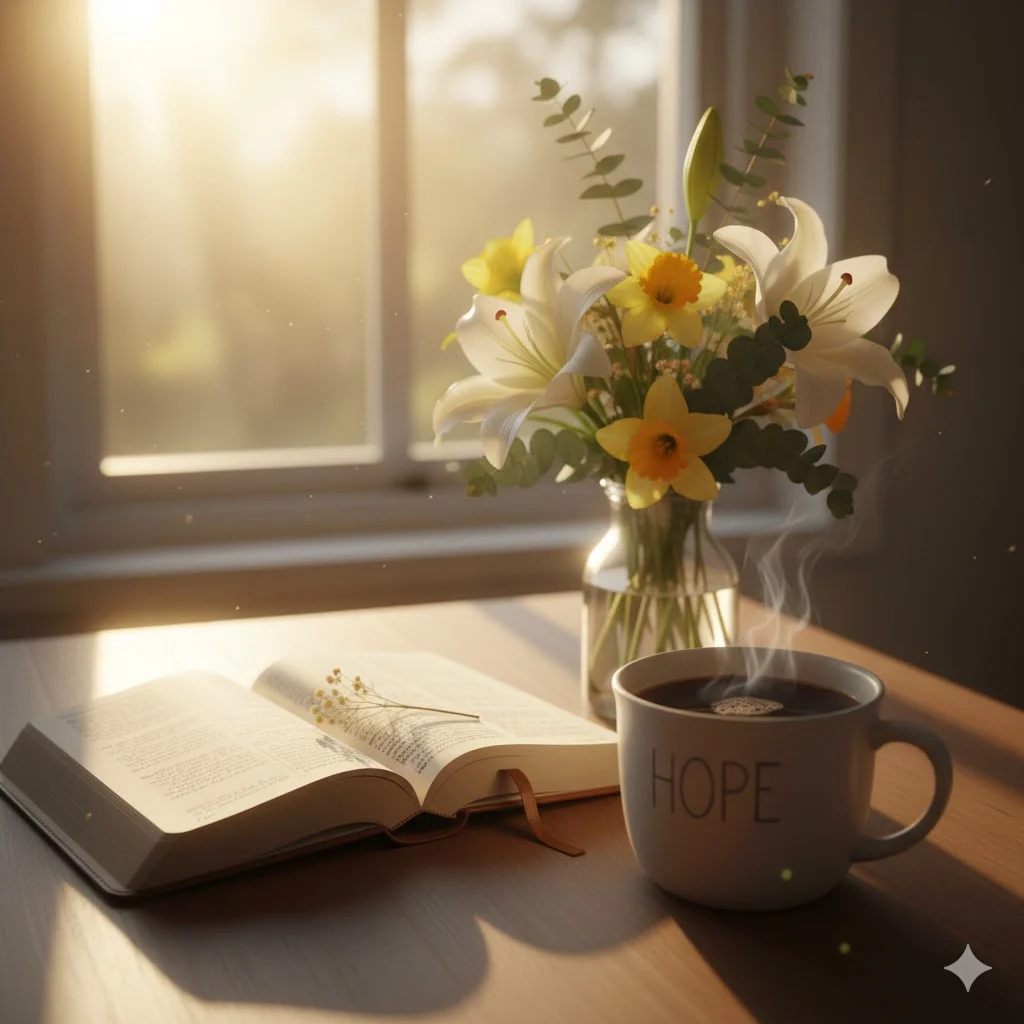 Peaceful Monday morning with sunrise, coffee, and Bible symbolizing blessings, faith, and inspiration for the week.