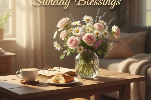 Peaceful Sunday afternoon with coffee, flowers, and sunlight symbolizing calm, blessings, and warmth for the day.