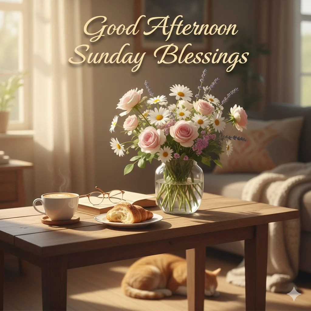 Peaceful Sunday afternoon with coffee, flowers, and sunlight symbolizing calm, blessings, and warmth for the day.