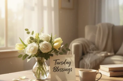 Peaceful Tuesday morning with coffee, flowers, and sunlight symbolizing blessings, calm, and midweek positivity