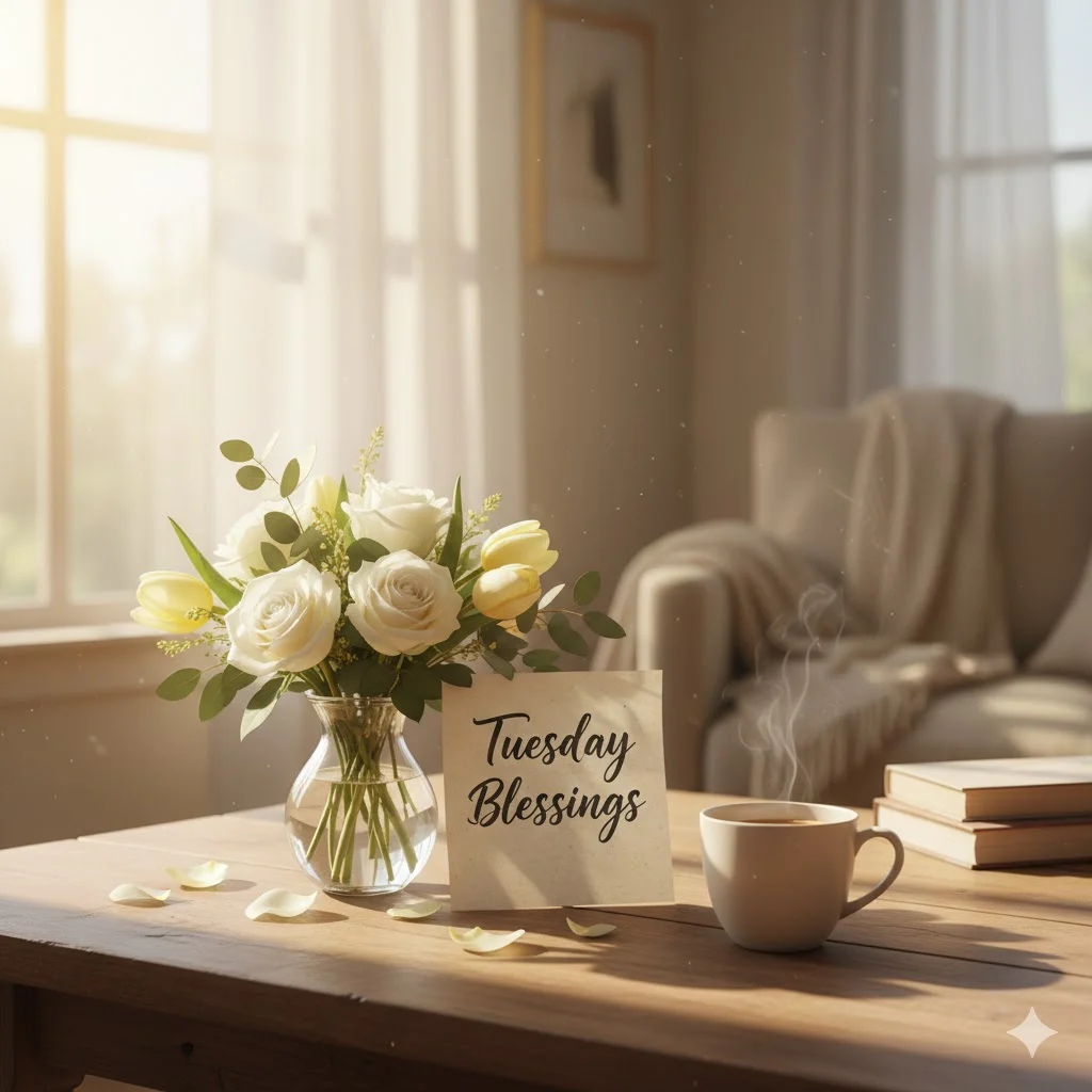 Peaceful Tuesday morning with coffee, flowers, and sunlight symbolizing blessings, calm, and midweek positivity