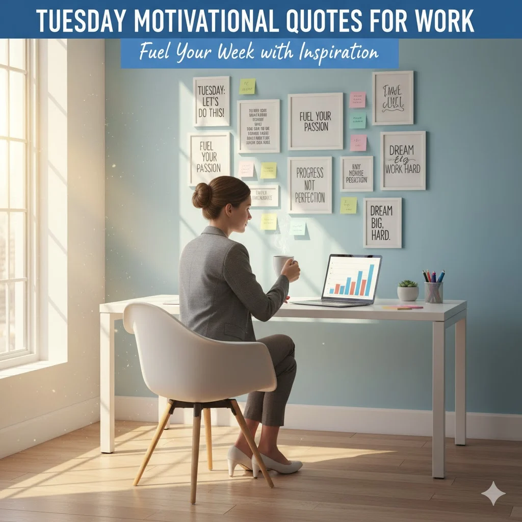 Professional at desk with coffee and sunlight, representing productivity, focus, and motivation on a busy Tuesday at work.