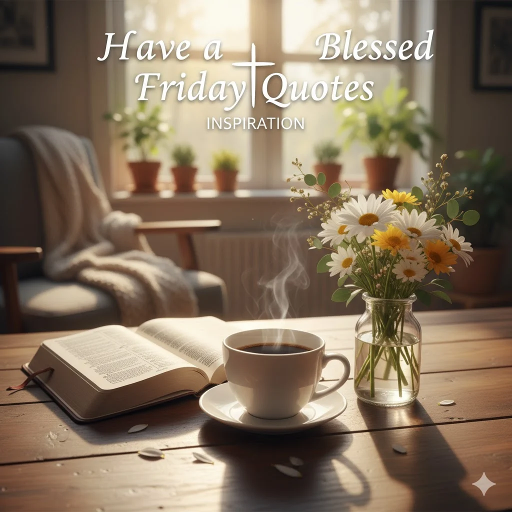 Warm Friday morning with coffee, flowers, and sunlight symbolizing blessings, peace, and joyful weekend beginnings.